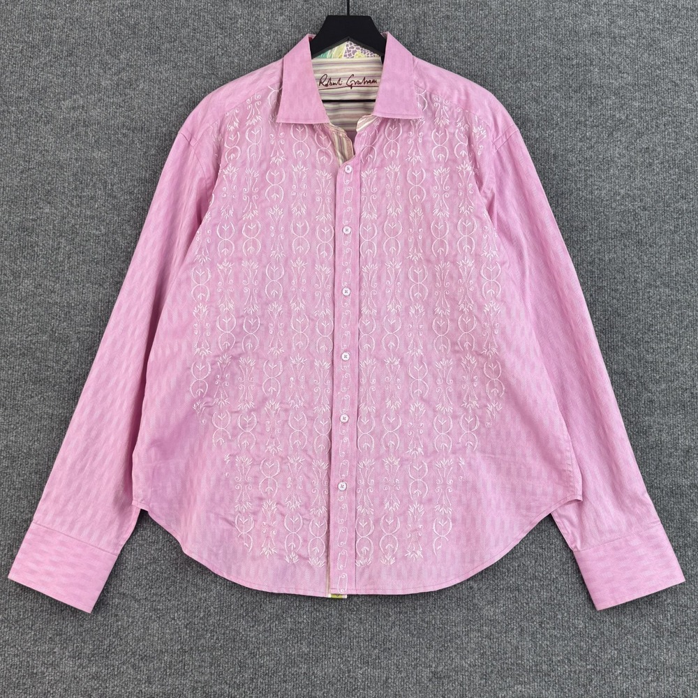 Robert Graham Shirt Mens 2XL Pink Herringbone Embroidered Floral Flip Cuff